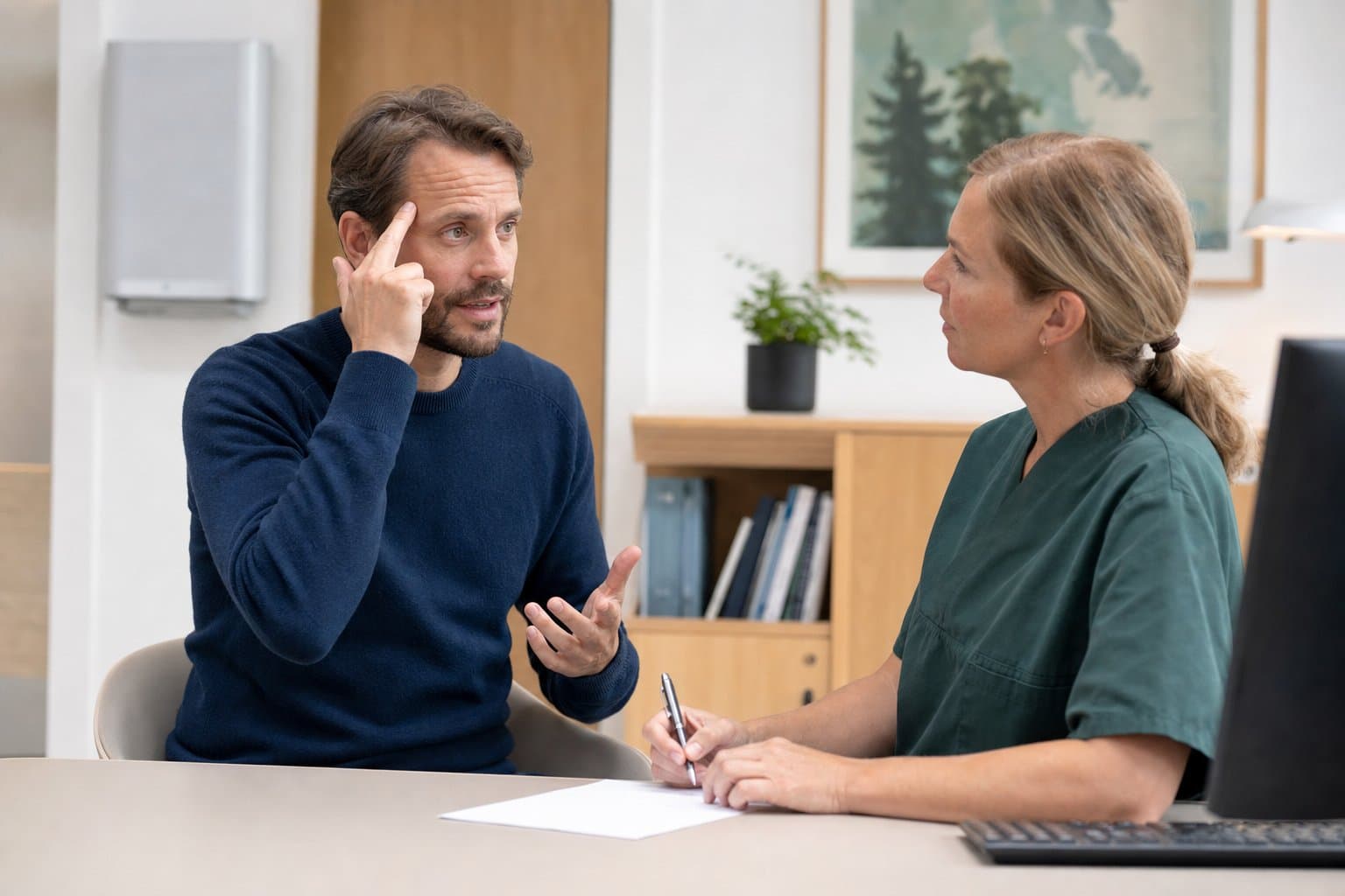 Patient forklarer et ændret hovedpinemønster til en sundhedsperson