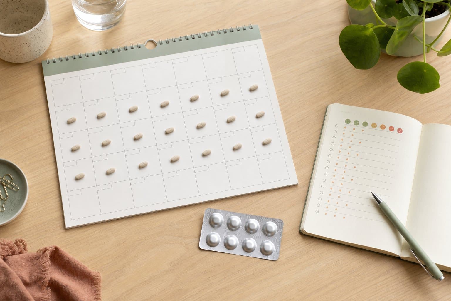 Kalender med gentagne medicindage ved siden af en hovedpinedagbog
