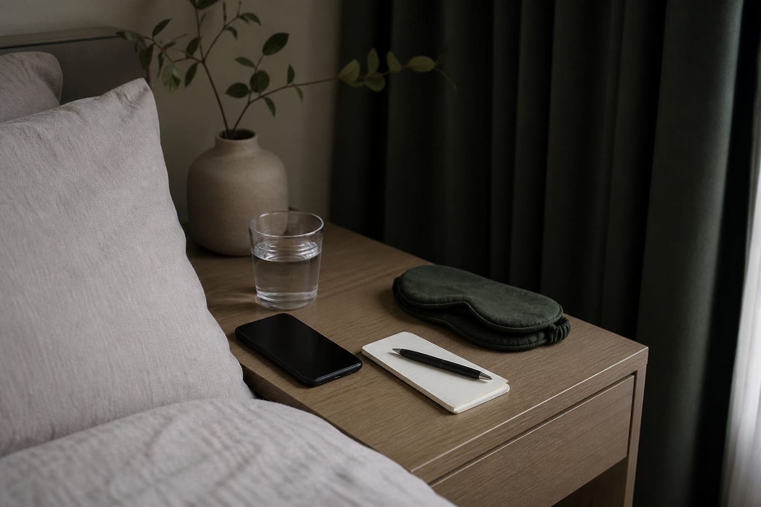 Vand, telefon, hovedpinekalender og praktiske ting samlet til et migræneanfald