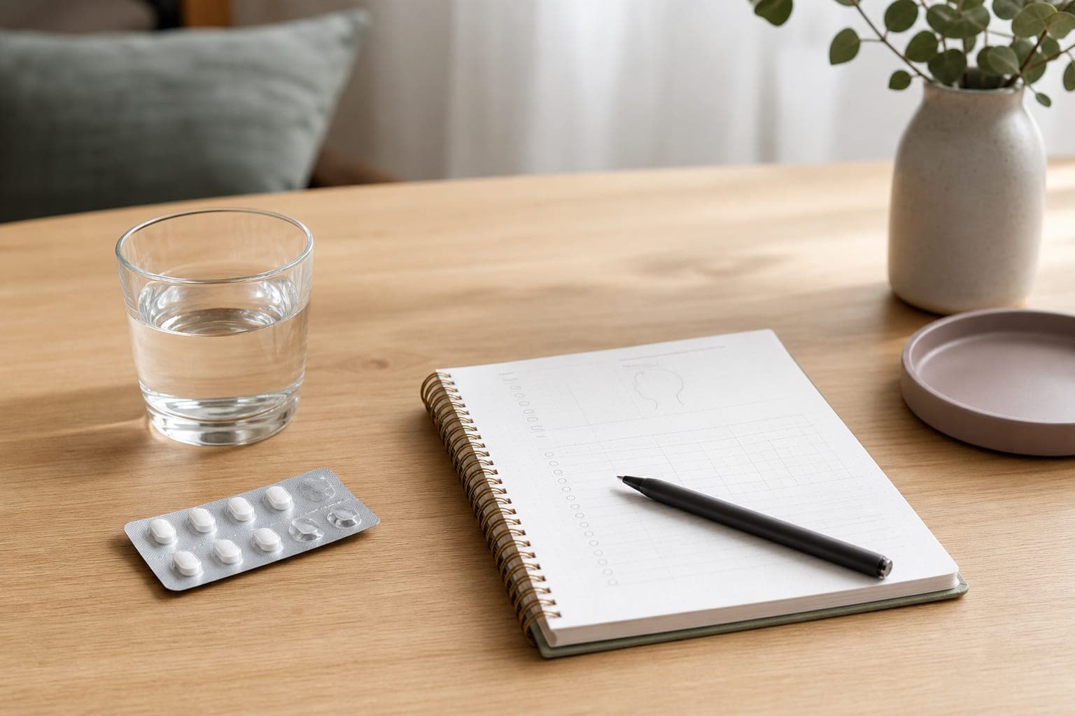 Neutral medicinpakning, vand og hovedpinekalender til en akut migræneplan