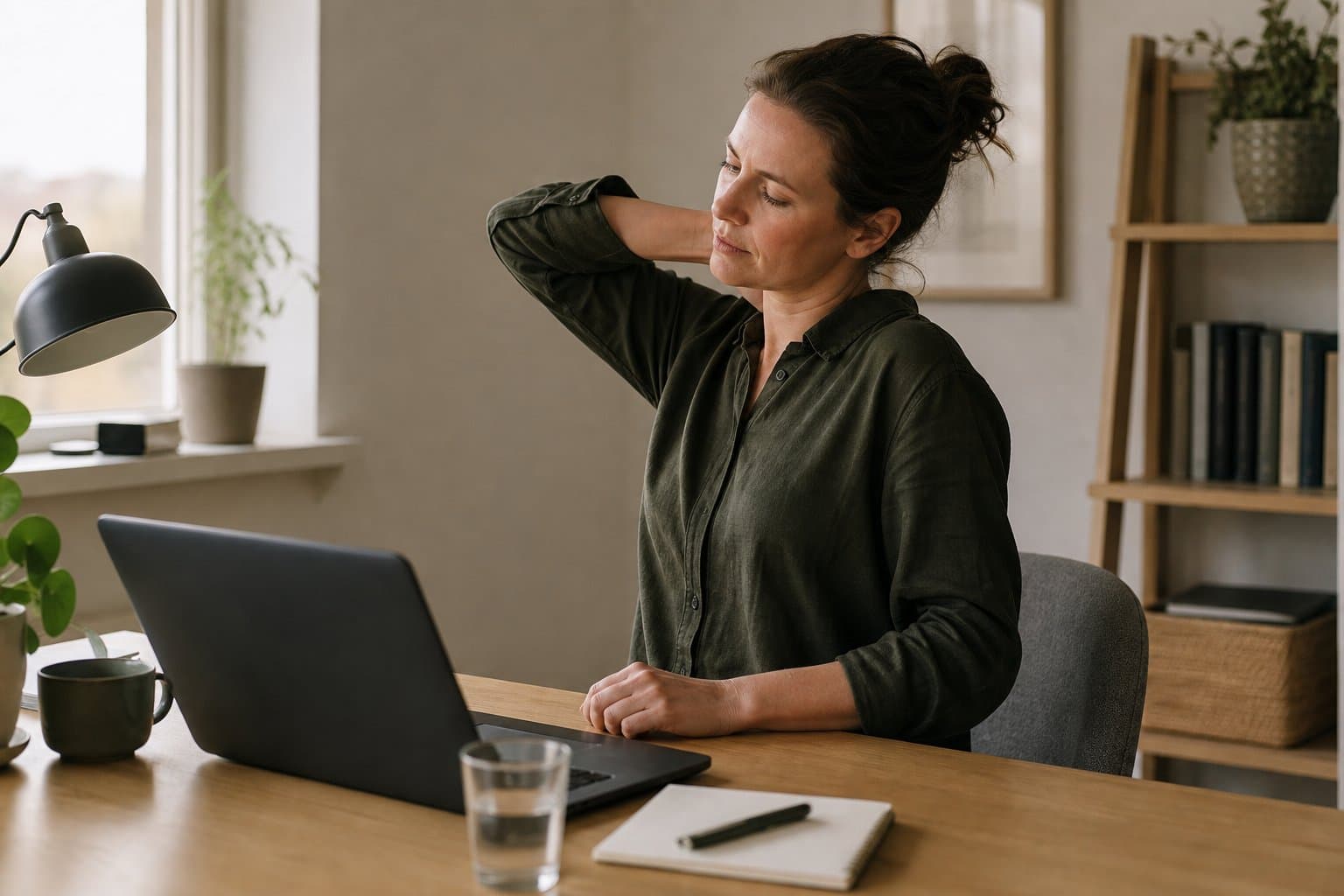 Kvinde holder en pause fra computerarbejde med hånden ved nakken