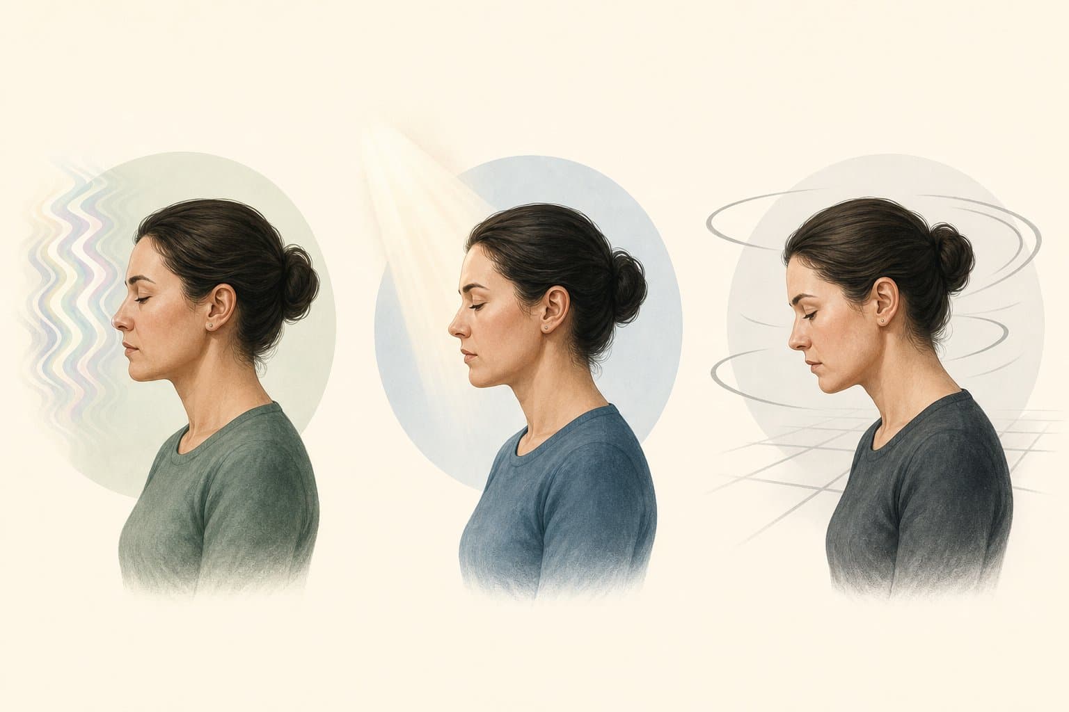 Illustration af migræne med aura, uden aura og med svimmelhed